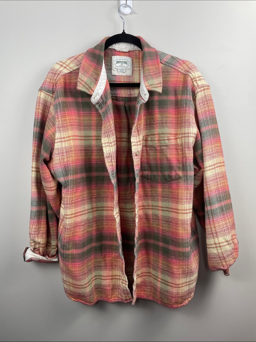 American Eagle Pink Cream & Olive Plaid Shirt Jacket